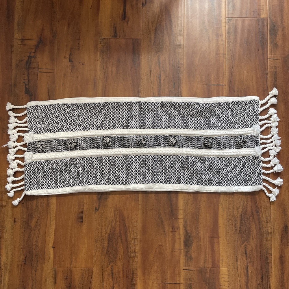Long Lumbar Boho Pillow Cover Black Cream Textured Fringe Zip Closure‎ Neutral